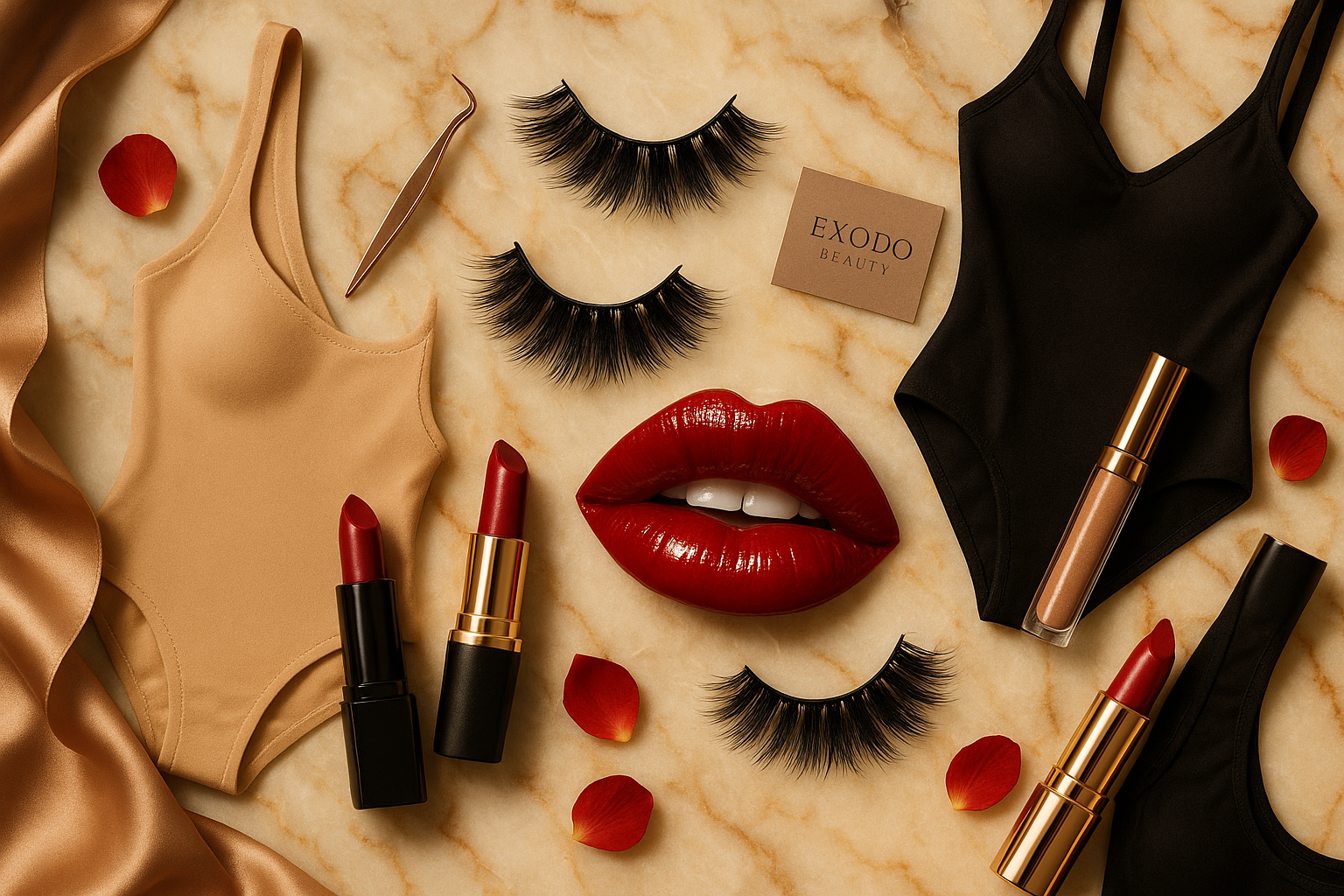 lips combo shapewear and lashes with text called exodo beauty small